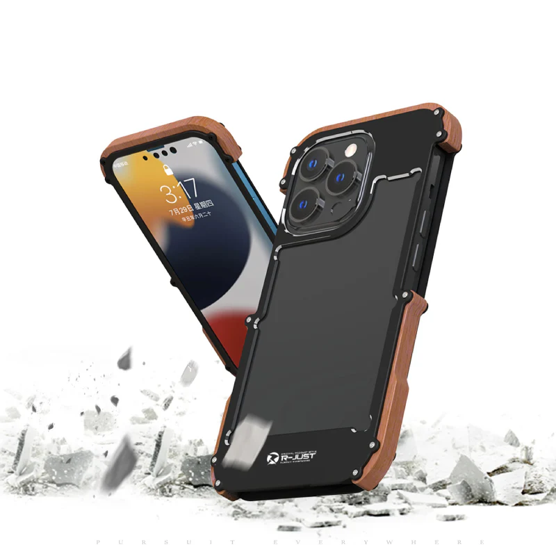 iPhone 13 Series R-Just Aluminium & Natural Wood Anti-shock Bumper Case - Image 12